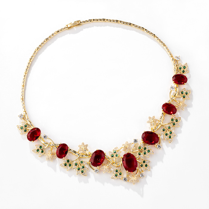 Bridal Brass Oval Leaf Flowers Choker Necklace Earring Set - Image 2