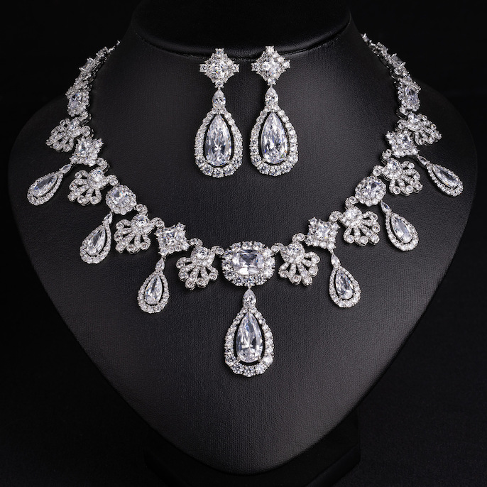 Party Brass Long Teardrop Stones Choker Necklace Earrings Set - Image 6