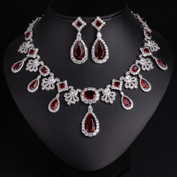 Party Brass Long Teardrop Stones Choker Necklace Earrings Set - Image 5