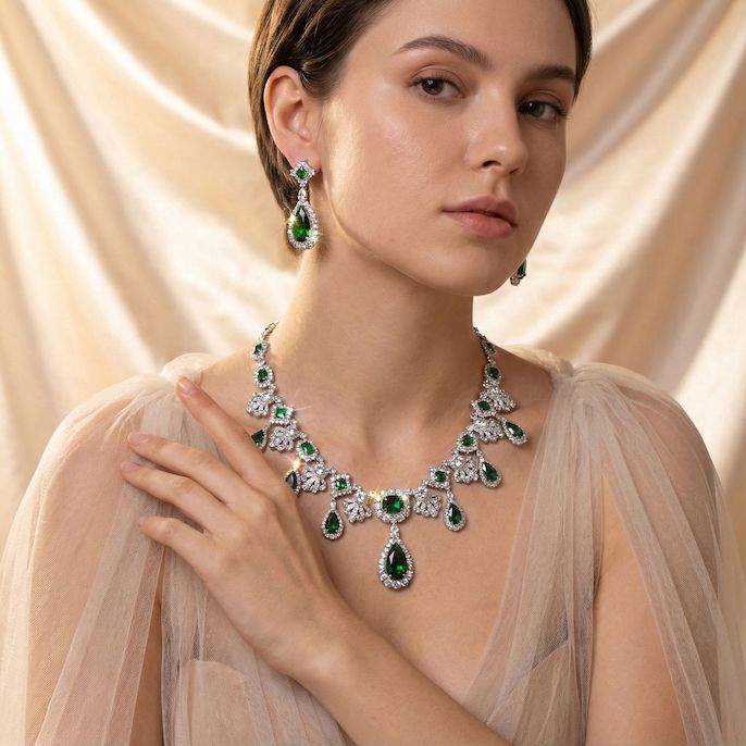 Party Brass Long Teardrop Stones Choker Necklace Earrings Set - Image 7