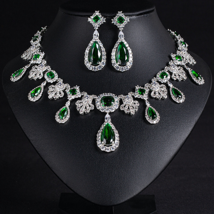 Party Brass Long Teardrop Stones Choker Necklace Earrings Set - Image 4