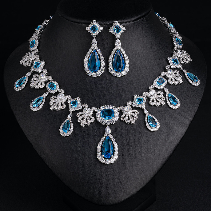 Party Brass Long Teardrop Stones Choker Necklace Earrings Set - Image 3