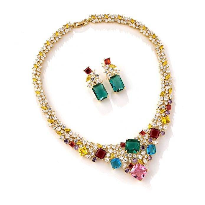 Bridal Brass Geometric Zircons Statement Necklace Earring Set