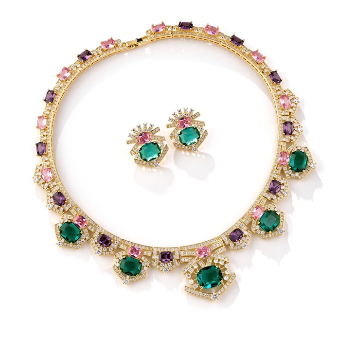 Bridal Brass 84g Geometric Stones Choker Necklace Earring Set