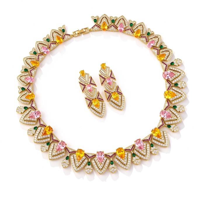 Bridal Brass 120g Teardrop Stones Choker Necklace Earring Set