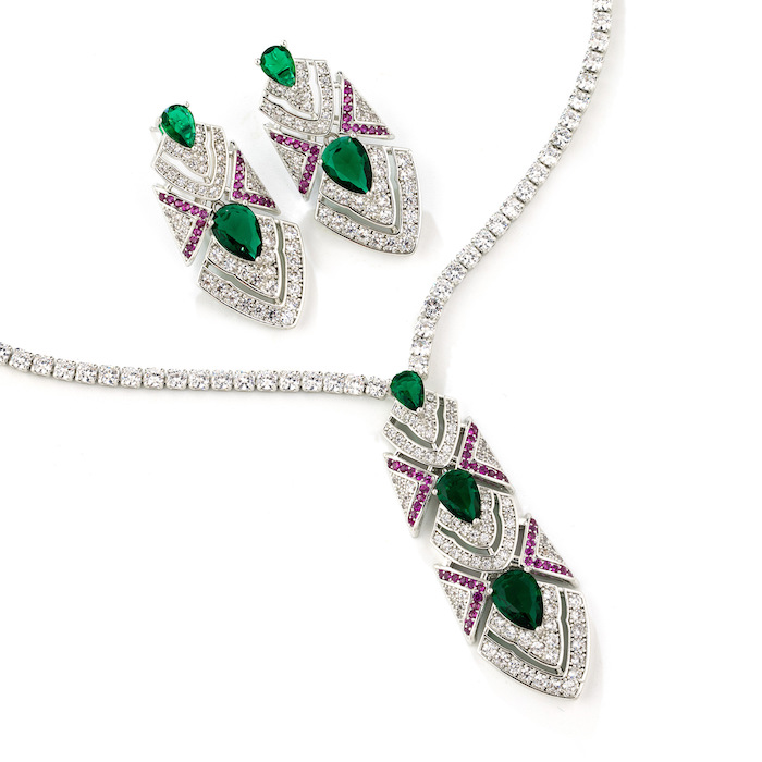 Bridal Brass Teardrop CZ Arrow Pendant Necklace Earring Set
