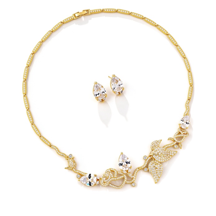 Bridal Brass CZ Leaves Choker Necklace Earring Set