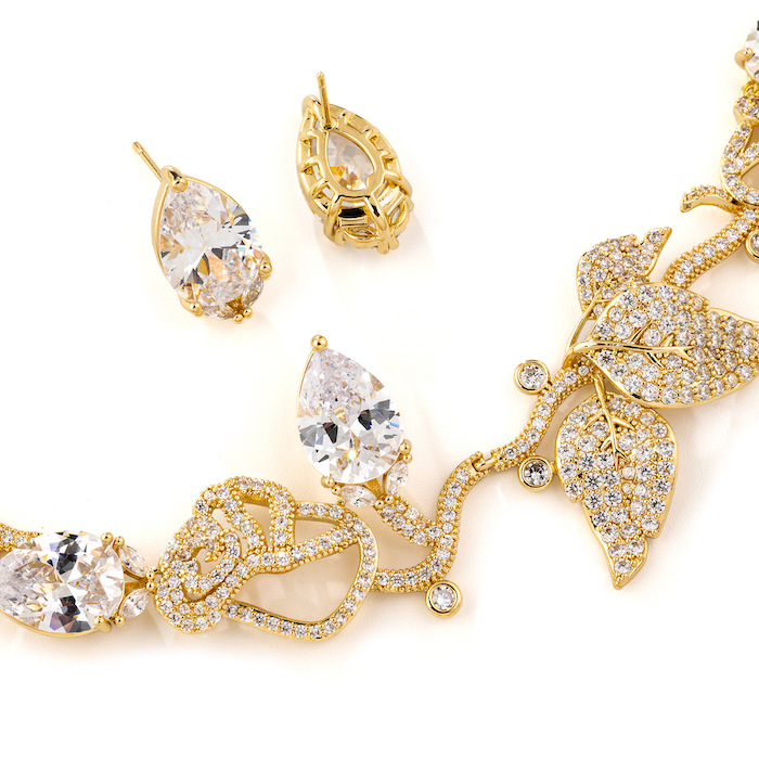 Bridal Brass CZ Leaves Choker Necklace Earring Set - Image 2