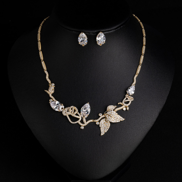 Bridal Brass CZ Leaves Choker Necklace Earring Set - Image 3