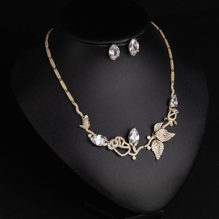 Bridal Brass CZ Leaves Choker Necklace Earring Set - Image 4