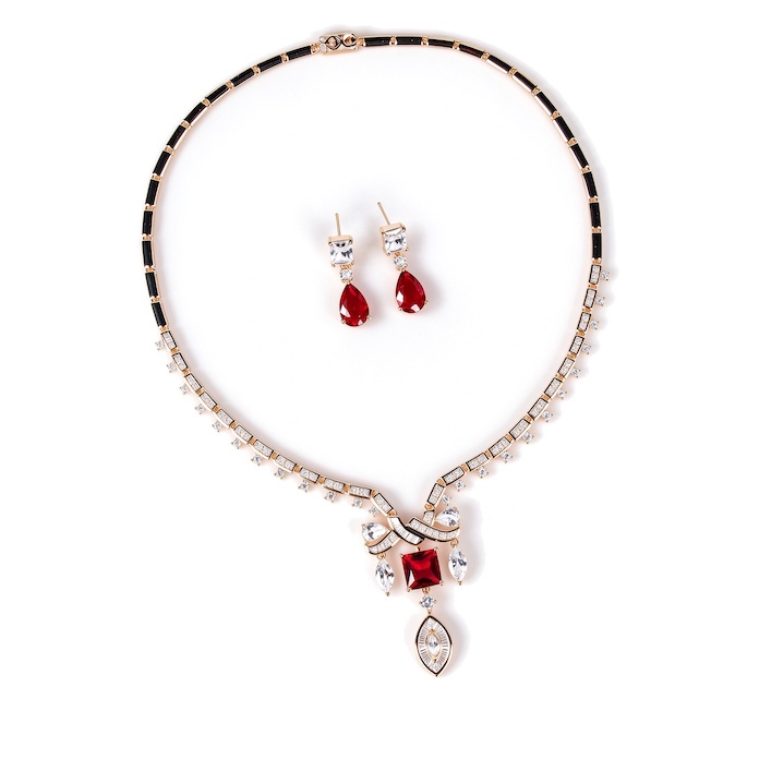 Wedding Brass Geometric CZ Eye Leaf Choker Necklace Earring Set