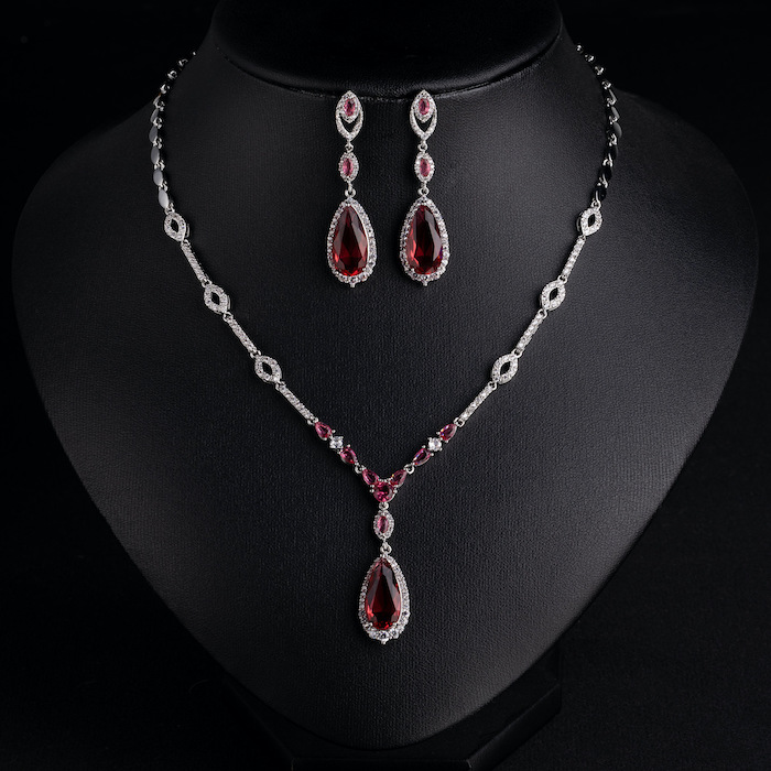 Bridal Brass Teardrop Zircons Pendant Necklace Earrings Set - Image 3