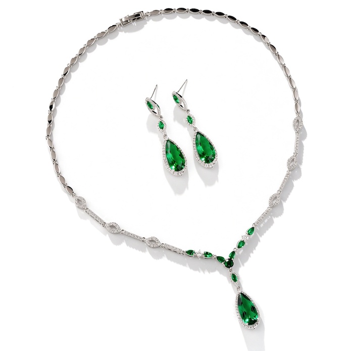 Bridal Brass Teardrop Zircons Pendant Necklace Earrings Set