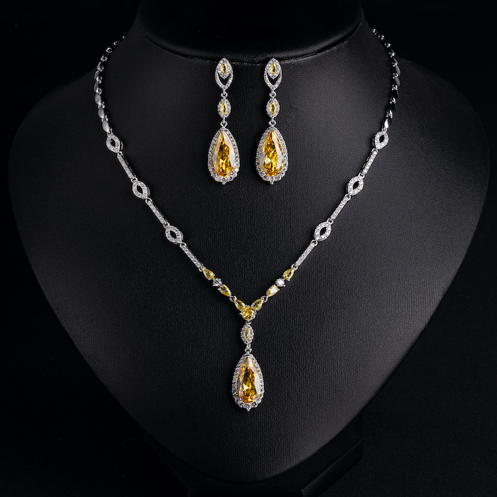 Bridal Brass Teardrop Zircons Pendant Necklace Earrings Set - Image 4