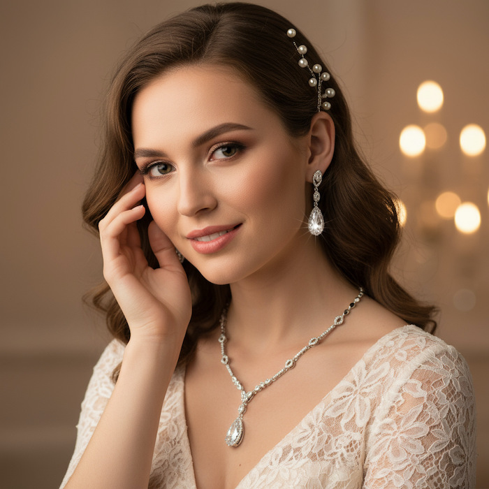 Bridal Brass Teardrop Zircons Pendant Necklace Earrings Set - Image 7