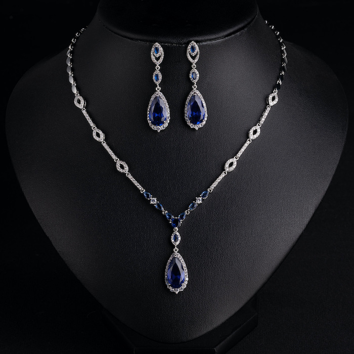 Bridal Brass Teardrop Zircons Pendant Necklace Earrings Set - Image 5