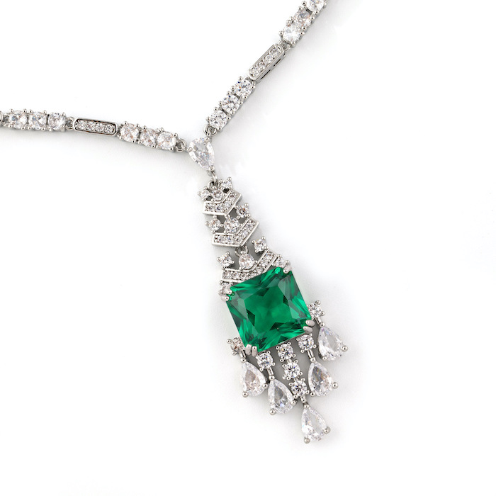 Bridal Brass Square Stones Teardrop Pendant Necklace Earrings Set - Image 2