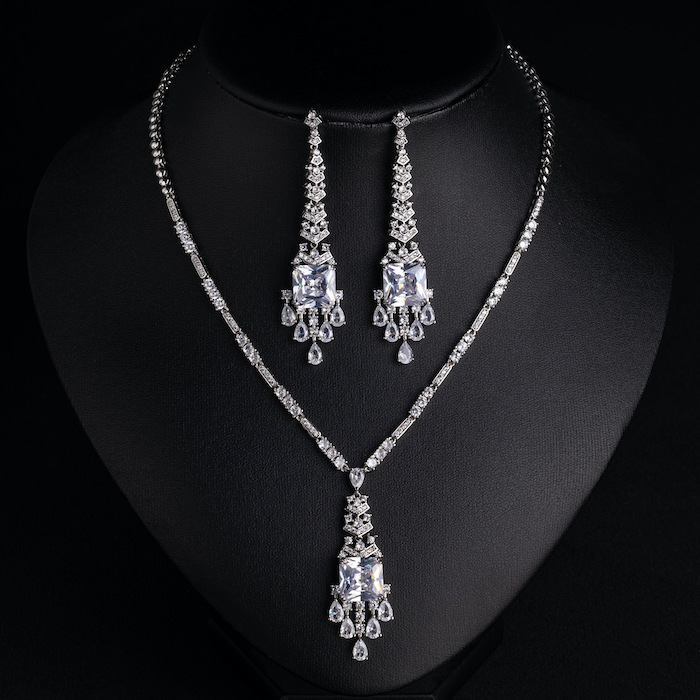 Bridal Brass Square Stones Teardrop Pendant Necklace Earrings Set - Image 3