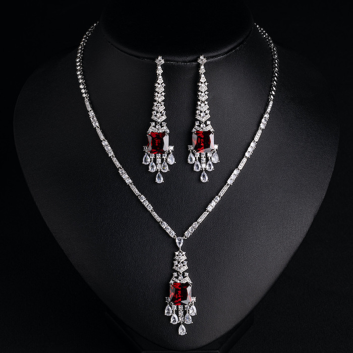 Bridal Brass Square Stones Teardrop Pendant Necklace Earrings Set - Image 4