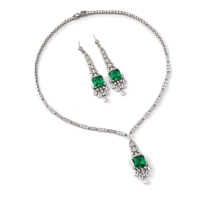 Bridal Brass Square Stones Teardrop Pendant Necklace Earrings Set