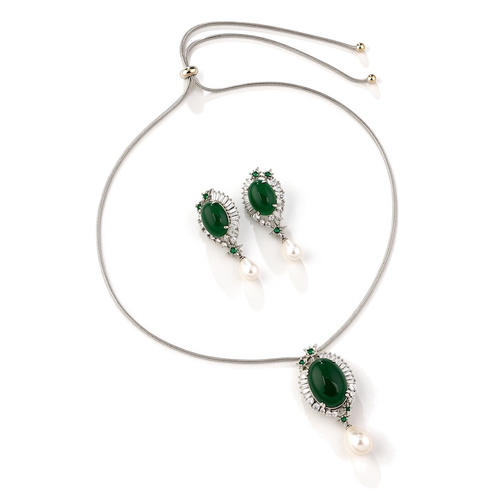 Wedding Brass 48g Oval Emerald CZ Leaf Pendant Necklace Earring Set
