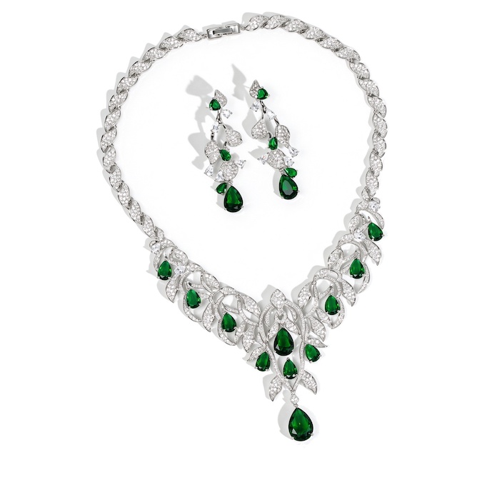 Bridal Brass 77g Teardrop Zircon Leaf Choker Necklace Earring Set