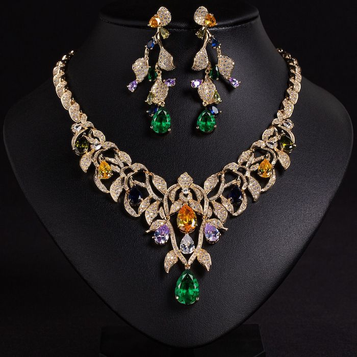 Bridal Brass 77g Teardrop Zircon Leaf Choker Necklace Earring Set - Image 4