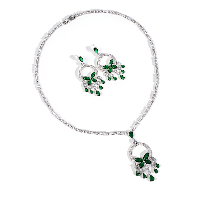 Bridal Brass CZ Tassels Butterfly Pendant Necklace Earring Set
