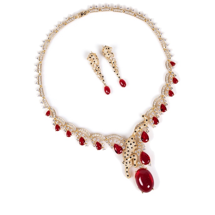 Party Brass Oval Ruby Amethyst Leopard Choker Necklace Earrings Set