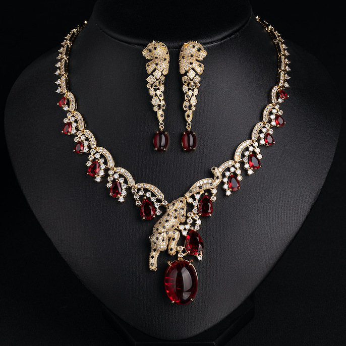 Party Brass Oval Ruby Amethyst Leopard Choker Necklace Earrings Set - Image 4