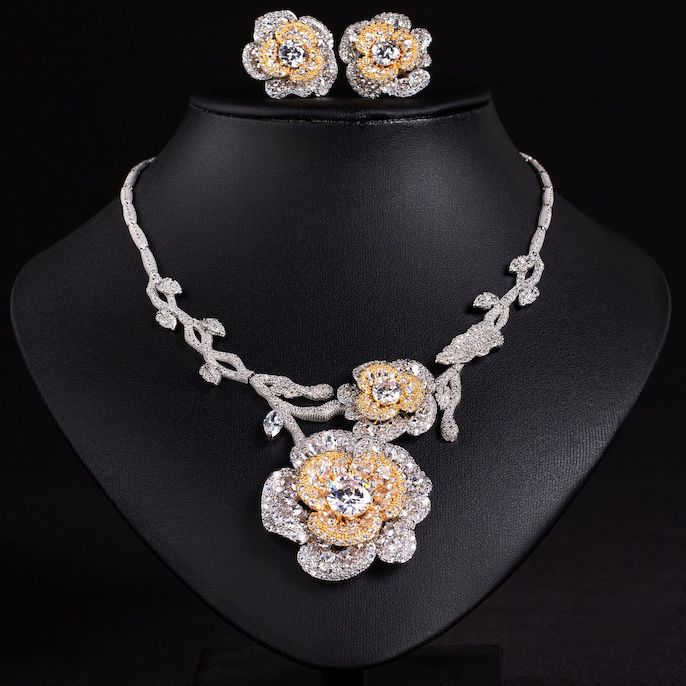 91g Heavy Party Brass CZ Flowers Statement Necklace Earrings Set - Image 3
