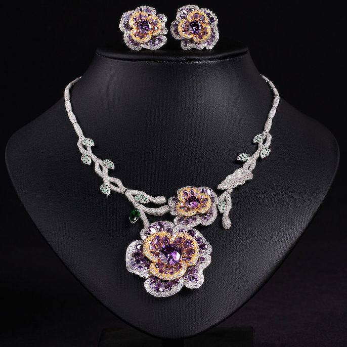 91g Heavy Party Brass CZ Flowers Statement Necklace Earrings Set - Image 2