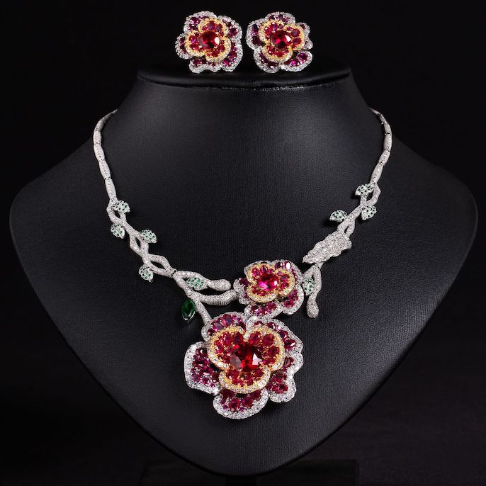 91g Heavy Party Brass CZ Flowers Statement Necklace Earrings Set - Image 4