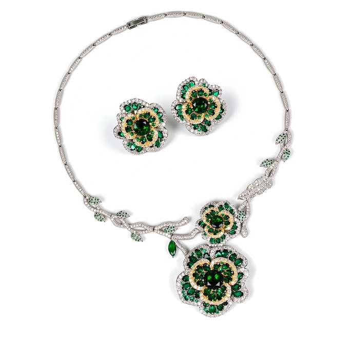 91g Heavy Party Brass CZ Flowers Statement Necklace Earrings Set