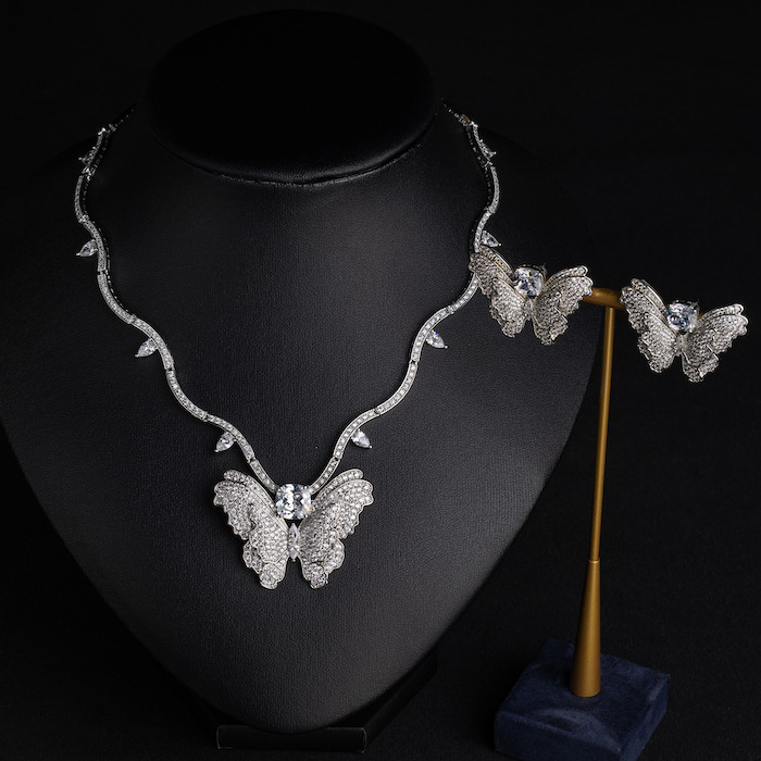 Bridal Brass Diamonds Butterfly Choker Necklace Earring Set - Image 4