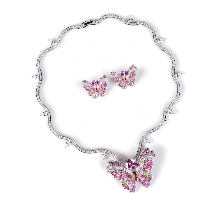 Bridal Brass Diamonds Butterfly Choker Necklace Earring Set