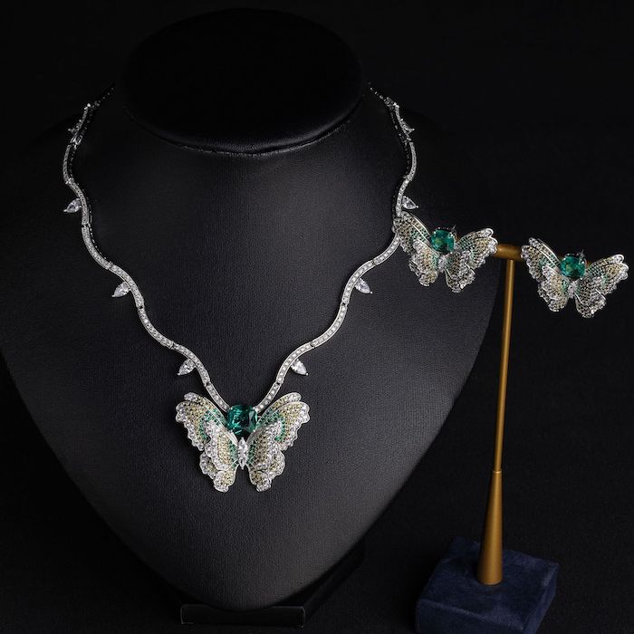 Bridal Brass Diamonds Butterfly Choker Necklace Earring Set - Image 3