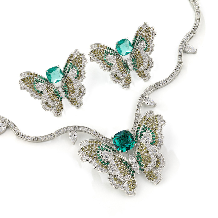 Bridal Brass Diamonds Butterfly Choker Necklace Earring Set - Image 2