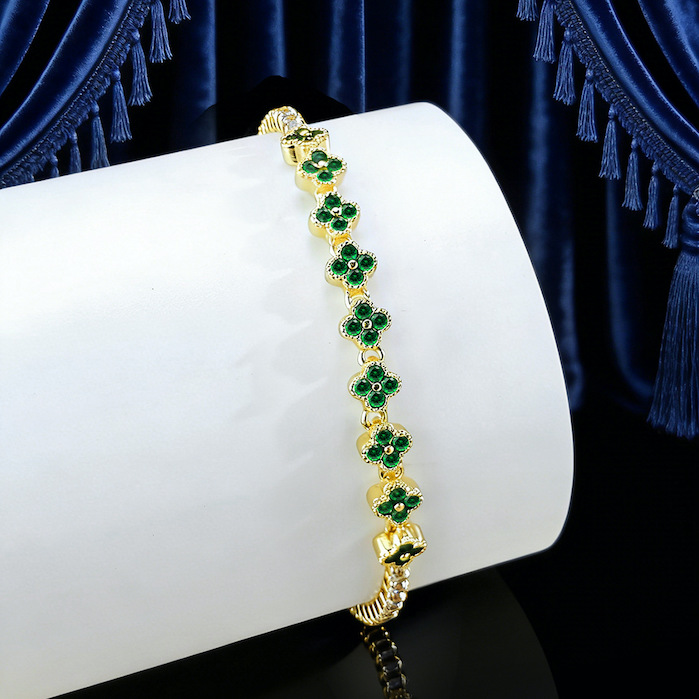Women's Jewelry Brass CZ Malachite Clovers Bracelet - Image 2
