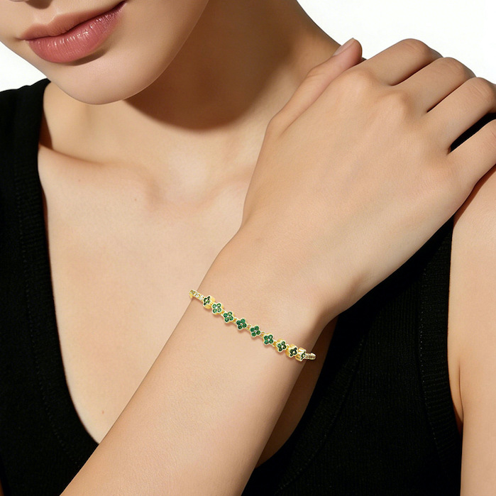 Women's Jewelry Brass CZ Malachite Clovers Bracelet - Image 3