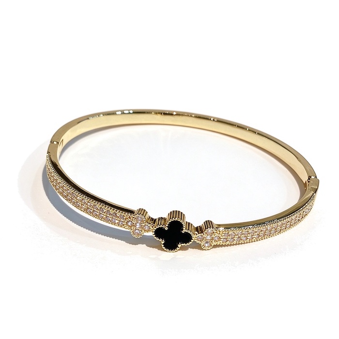 Wholesales Brass Black CZ Clover Flower Hinged Bracelet