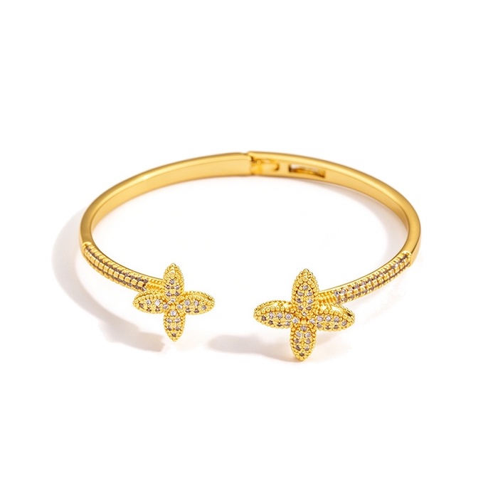 Wholesales Brass CZ Clover Flowers Cuff Spring Bracelet