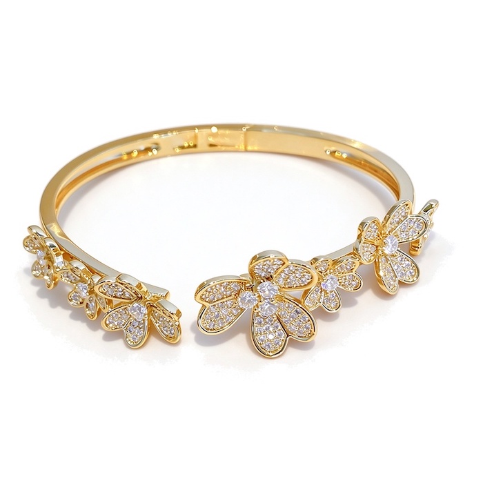 Wholesales 17g Heavy Brass Multi Diamond Flowers Spring Bangle