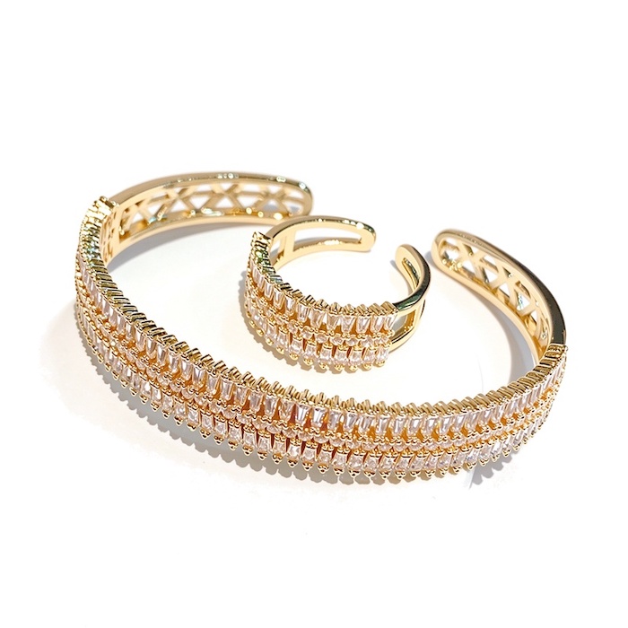 Wholesales Brass Hollow Eye CZ Wheat Ears Cuff Bracelet Ring Set