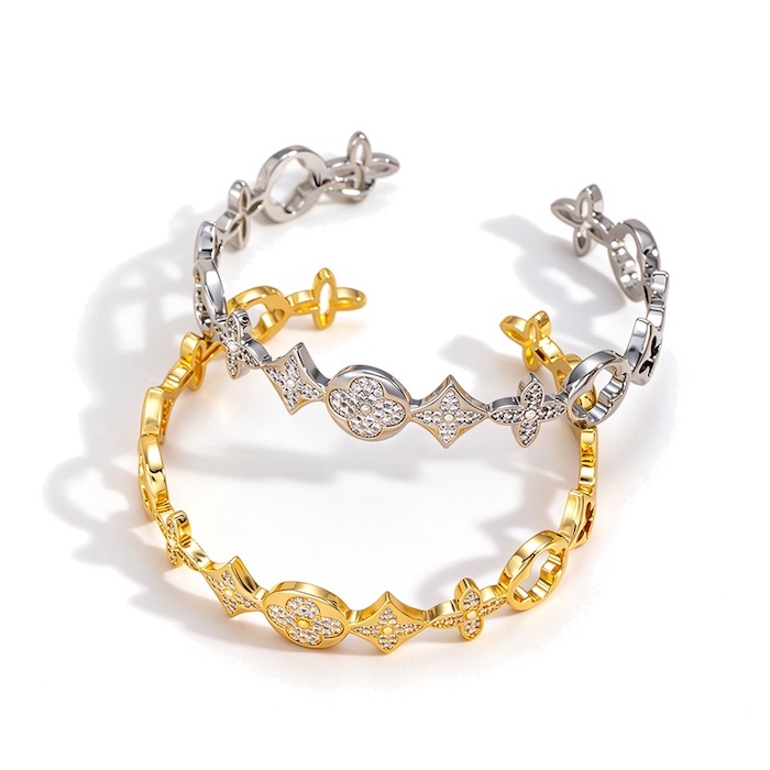 Wholesales Brass 12mm Diamonds Clover Stars Cuff Bracelet