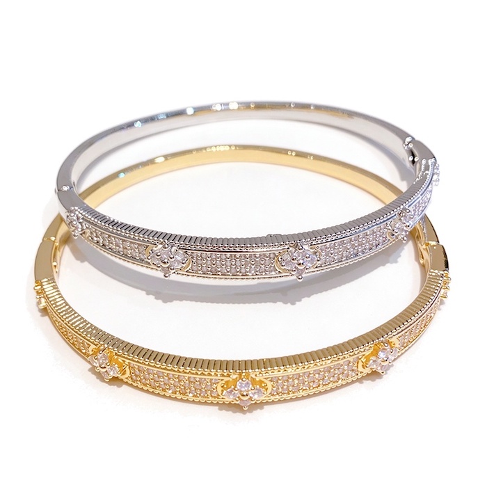 Wholesales 11.2g Brass Diamond Flowers Hinged Bracelet