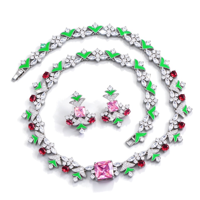 Party Brass Green CZ Leaf Choker Necklace Earring Set
