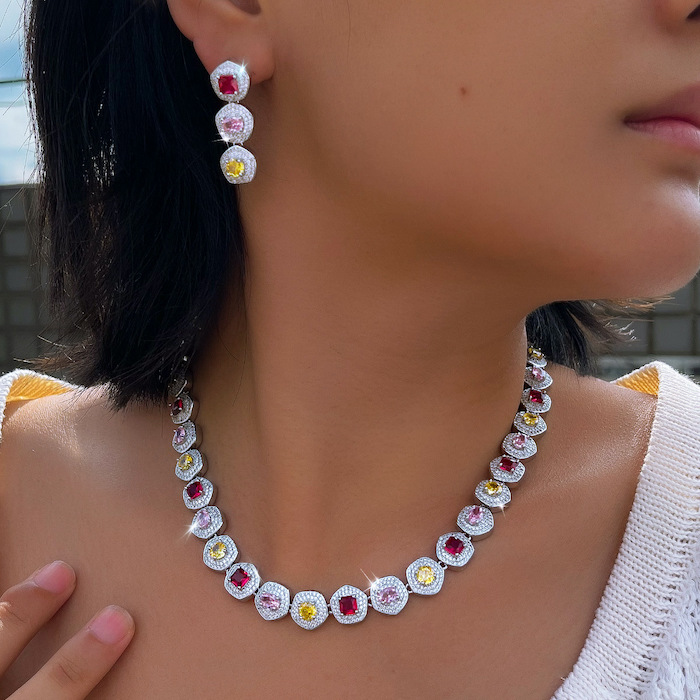 Party Brass Geometric Gemstones Choker Necklace Earring Set - Image 4