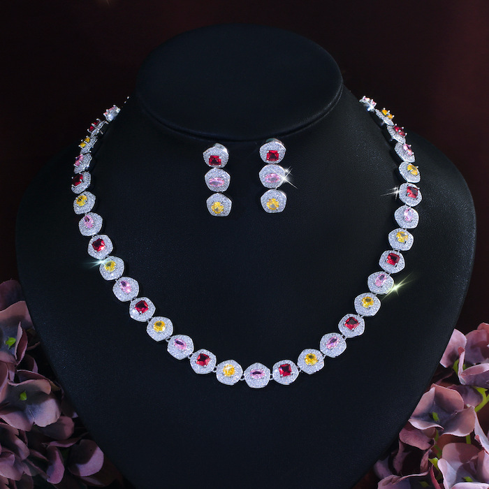 Party Brass Geometric Gemstones Choker Necklace Earring Set - Image 2
