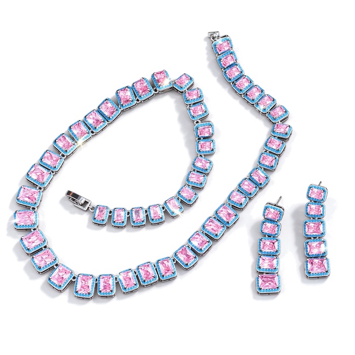 Party Brass Geometric Pink Stones Choker Necklace Earring Set